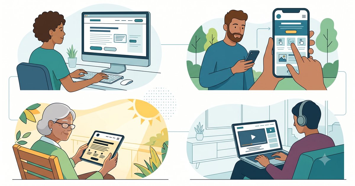 Illustration verschiedener Nutzergruppen, die eine barrierefreie Website auf verschiedenen Geräten nutzen