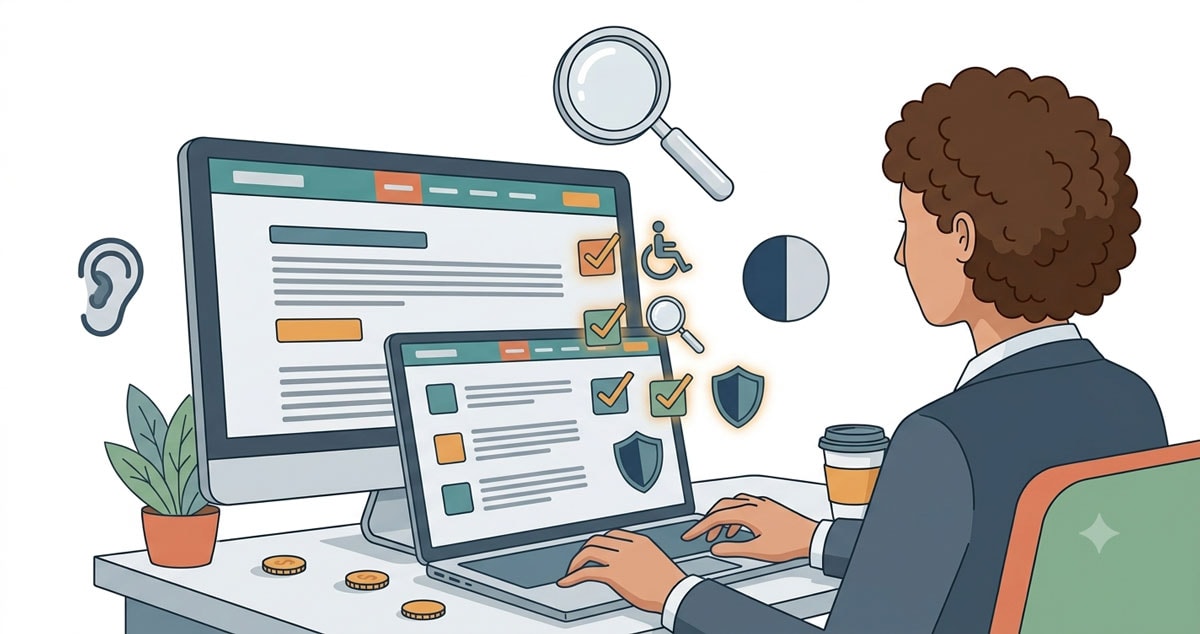 Soloselbständige prüft BFSG-Pflichten für ihre Website - Illustration zur Barrierefreiheitspflicht für kleine Unternehmen