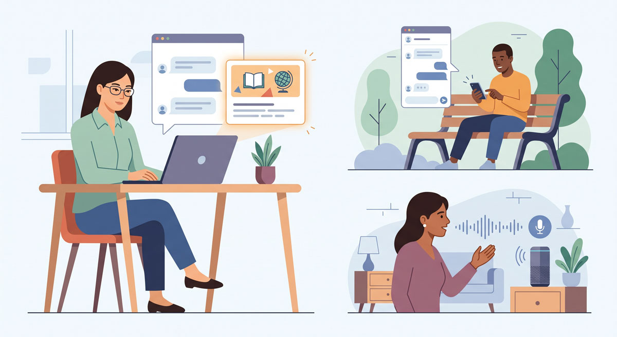Illustration: Verschiedene Menschen stellen KI-Assistenten auf unterschiedlichen Geräten Fragen