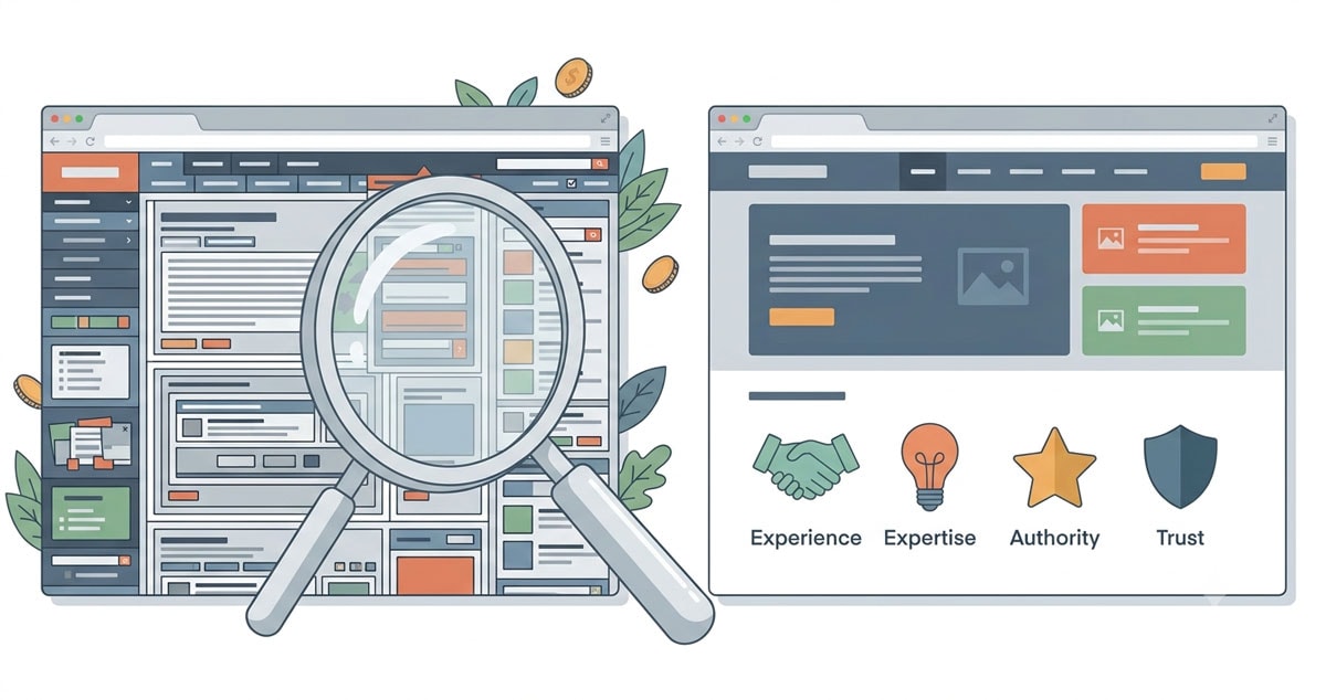 Illustration zu E-E-A-T - die vier Google-Qualitätskriterien Experience, Expertise, Authoritativeness und Trustworthiness für Website-Rankings