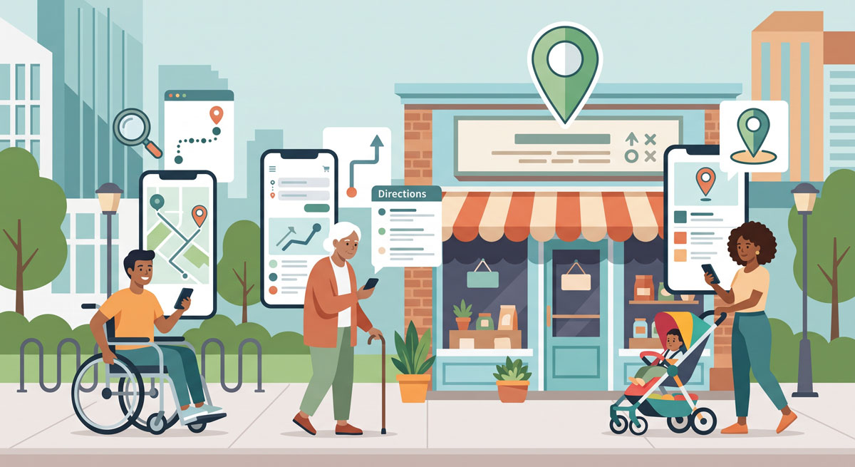 Illustration: Verschiedene Menschen finden über ihr Smartphone den Weg zu einem lokalen Geschäft