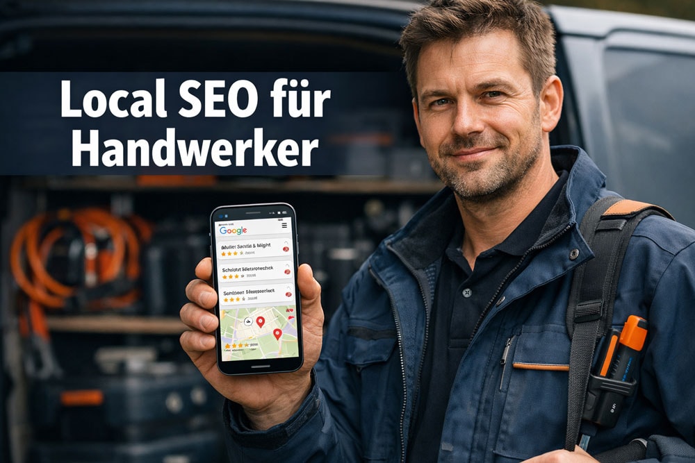 Handwerker zeigt ein Handy mit einem Local Businesseintrag | Local SEO für Handwerker