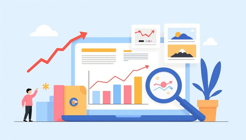 Cartoonbild mit stilisierten Elementen, die SEO-Erfolg zeigen sollen