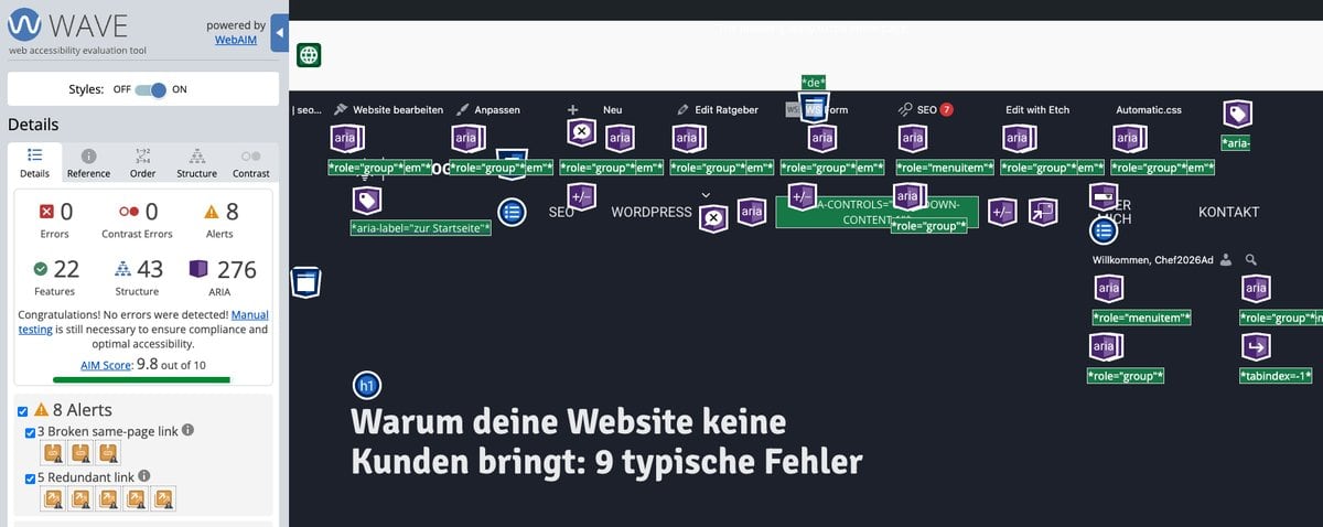 WAVE Tool Barrierefreiheits-Check der seo-logisch.de Website mit AIM Score 9.8 von 10