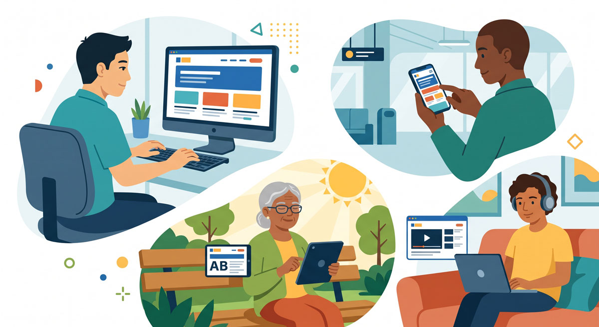 Illustration: Verschiedene Menschen nutzen unterschiedliche Geräte und Eingabemethoden für eine barrierefreie Website