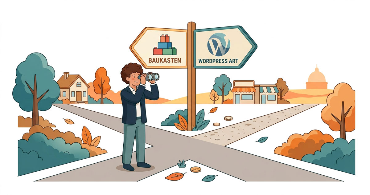 Vergleich zwischen Wix und WordPress, symbolisiert durch zwei Wegweiser an einer Weggabelung