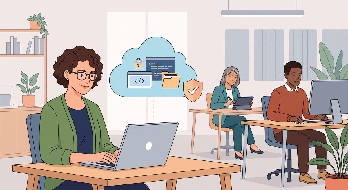 Illustration: Eine Website wird sicher in einer Cloud gesichert, während im Hintergrund normal weitergearbeitet wird