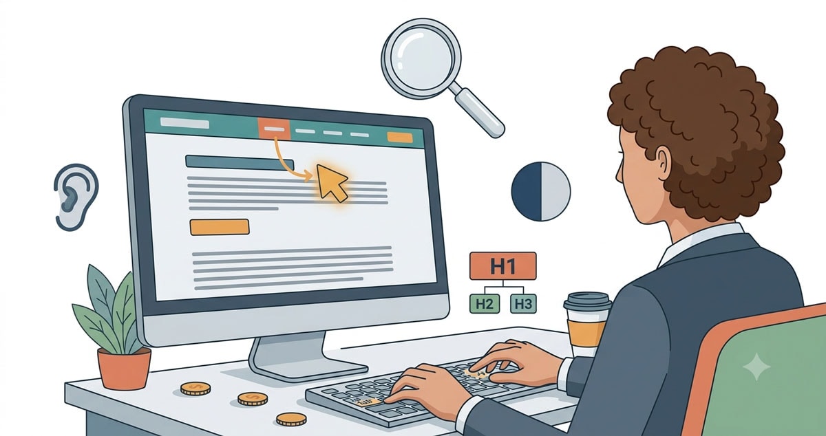 Person navigiert per Tastatur durch eine Website - Illustration zum Thema Barrierefreiheit prüfen mit Tools