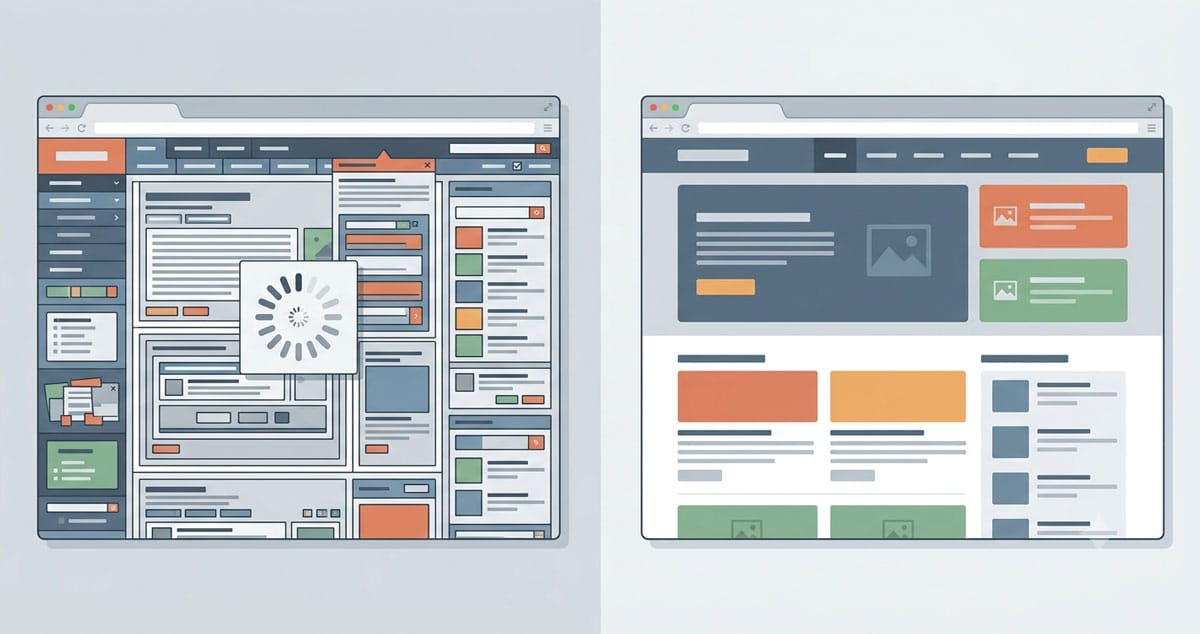 Vergleich zwischen überladener Website mit schlechtem Code und sauberer, strukturierter WordPress-Website